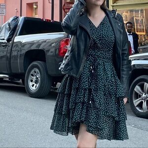 Uli by Uli Herzner Polka Dot Tiered Ruffle Hem Green Long Sleeve Dress